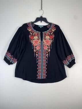 April Sky Blouse Womens Medium Black Floral Embroidered 3/4 Sleeve Boho Top